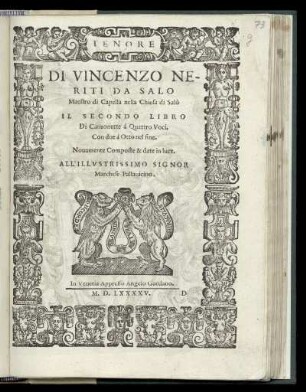 Vincenzo Neriti da Salo: Il secondo libro di Canzonette à quattro voci ... Tenore