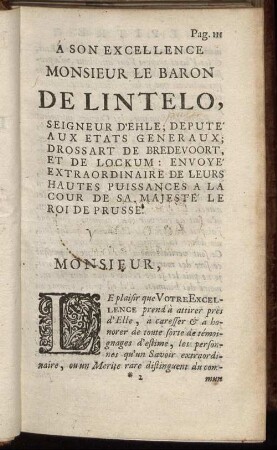 A Son Excellence Monsieur Le Baron De Lintelo [...]