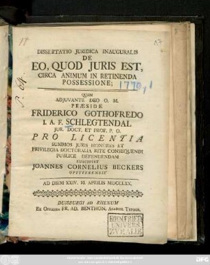 Dissertatio Juridica Inauguralis De Eo, Quod Juris Est, Circa Animum In Retinenda Possessione