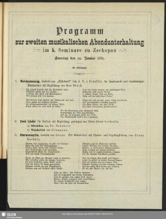 Programm zur zweiten musikalischen Abendunterhaltung im k. Seminare zu Zschopau den 29. Januar 1882