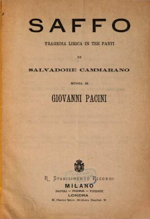 Saffo : tragedia lirica in tre parti