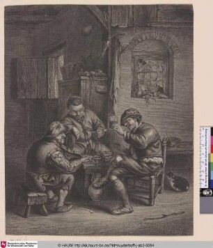 [Drei Bauern um eine Bank in einem Interieur versammelt; Three Peasants gathered around a Bench in an Interior]