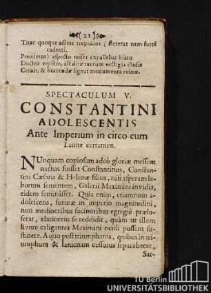 Spectaculum V. Constantini Adolescentis Ante Imperium in circo cum Leone certamen.