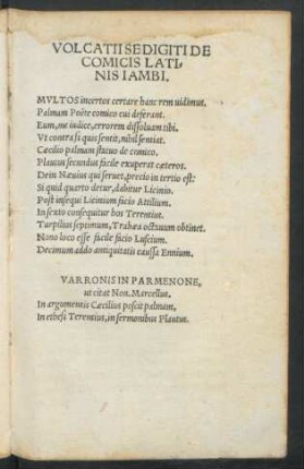 Volcatii Sedigiti De Comicis Latinis Iambi.