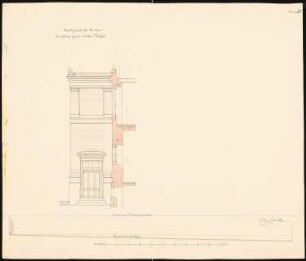 Filiale der Preußischen Bank, Breslau: Eingang zum linken Flügel: Aufriss, Fassadenschnitt; Geländeschnitt, Maßstabsleiste 1:50
