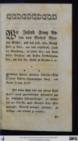 Wir Joseph Franz Anton von Gottes Gnaden Bischof ...