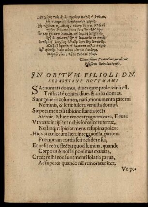 In Obitum Filioli Dn. Sebastiani Hoffmani.