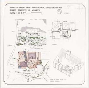 Architektur-Archiv, Karl Friedrich Schinkel gewidmet, Wohnbebauung in Beziehung zu Spree und Schloss Charlottenburg, Berlin Schinkelwettbewerb 1981: Architektur-Archiv: Grundriss Erdgeschoss, Dachaufsicht 1:200