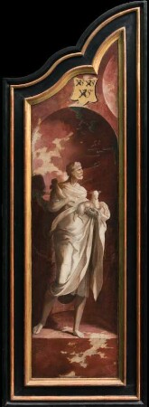 Triptychon mit der Kreuzigung Christi, Heiligen und Stifterfamilie. Linker Außenflügel: Johannes der Täufer