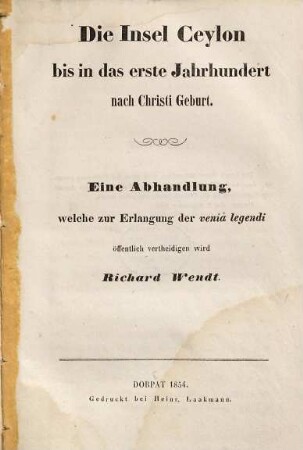 Die Insel Ceylon bis in das erste Jahrhundert nach Christi Geburt