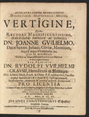 Dissertatio Inauguralis Medica De Vertigine