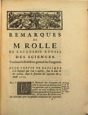 Remarques De M. Rolle De L'Académie Royale Des Sciences Touchant Le Problesme General Des Tangentes