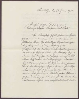 Schreiben von Friedrich Katz an die Großherzogin Luise; Dank für die Segenwünsche aus dem Anlass der Verlobung des ältesten Sohnes von Friedrich Katz