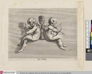 [Zwei Amoretten an einen Köcher gelehnt, den Bogen spannend; Deux Amours, adossés contre un carquois, tirent de l'arc;]