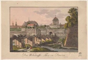 Das Wilsche Tor (Wilsdruffer Tor) an Stelle des heutigen Postplatzes in Dresden vor seiner Beseitigung 1811, Blick nach Nordosten von außerhalb der Stadt