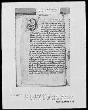 Didymus Alexandrinus, De spiritu sancto und Paschasius Radbertus, De corpore et sanguine Christo — Initiale D(UM), Folio 1verso