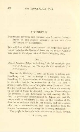 Appendix B. Despatches between the Chinese and Japanese Governments on the Corean question before the commencement of hostilities