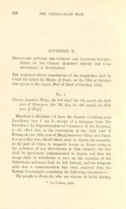 Appendix B. Despatches between the Chinese and Japanese Governments on the Corean question before the commencement of hostilities