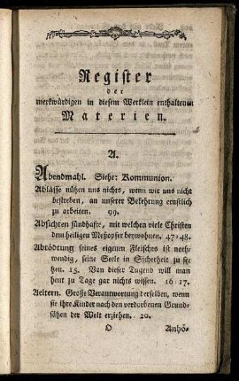 Register der merkwürdigen in diesem Werklein enthaltenen Materien.