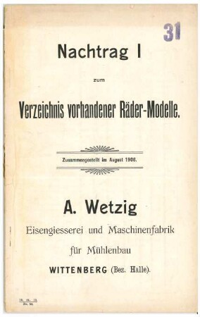 Nachtrag I zum Verzeichnis vorhandener Räder-Modelle (1906)