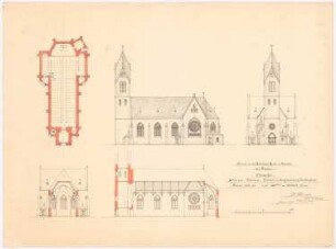 Sankt Bonifatius, Bad Salzuflen: Grundriss, Seiten- und Vorderansicht, Quer- und Längsschnitt (1:200)