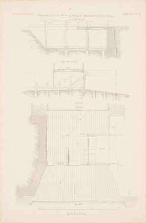 Flutschleuse und Fahrbrücke, Reilswerk: Grundriss, Längsschnitt (aus: Atlas zur Zeitschrift für Bauwesen, hrsg. v. G. Erbkam, Jg. 4, 1854)