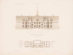 Krankenhaus, Bielefeld: Grundriss, Ansicht (aus: Architektonisches Skizzenbuch, H. 124/1, 1874)