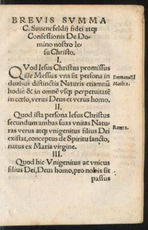 Brevis Summa C. Swencfeldii fidei atque Confessionis De Domino nostro Iesu Christo.