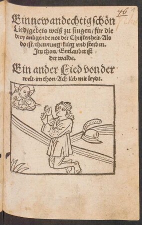 Ein new andechtig schœn || Lied, gebets weiß zu singen/ fuer die || drey anligende not der Christenheit/ Als || do ist/ thewrung/ krieg vnd sterben.|| Jm thon/ Entlaubet ist || der walde.|| Ein ander Lied von der || welt/ im thon/ Ach lieb mit leydt.||