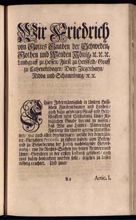 Wir Friedrich von Gottes Gnaden der Schweden, Gothen und Wenden König ...