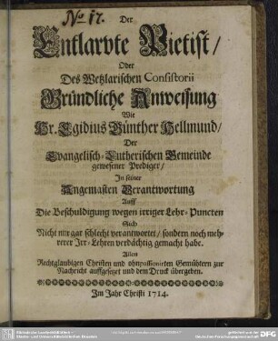 Der Entlarvte Pietist, ...