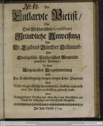 Der Entlarvte Pietist, ...