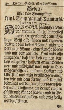 Gebett/ über das Evangelium Am I. Sonntag nach Trinitatis/ ...