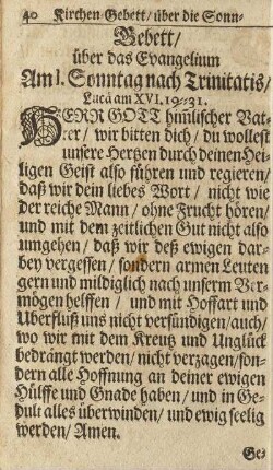 Gebett/ über das Evangelium Am I. Sonntag nach Trinitatis/ ...