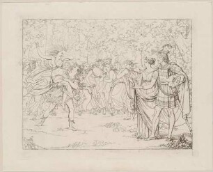 Zu Goethes "Faust II", Blatt 7: Euphorion trägt das Flammenmädchen herbei, Faust und Helena erheben warnend die Arme
