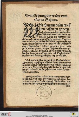 Vom Ursprung der bruder eynickeytyn Behmen