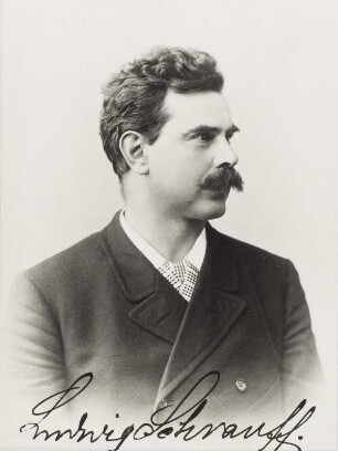Porträt Ludwig Schrauff (1851-1921; Sänger). Fotografie (Cabinet mit Autogramm) von Atelier Teich-Hanfstaengl. Dresden, um 1887. Dresden: SLUB/DF 1999.E.1