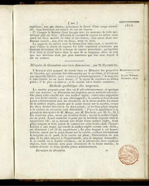 Mémoire de Géométrie aux trois dimensions,