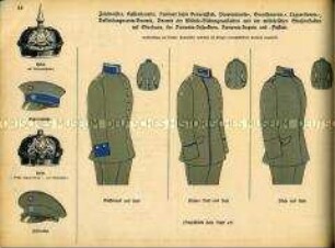 Uniformdarstellung, Schema der Helme, Waffenröcke und Hosen von Militär-Beamten der Bayerischen Armee, Deutsches Kaiserreich, 1916.