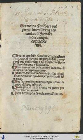 Druck: Gregorius Brittanicus: Sermones funebres et nuptiales. Editio II. aucta. Mit Beig. von Paul (Zane), Bischof von Brescia. Venedig, nach 1500 (?).