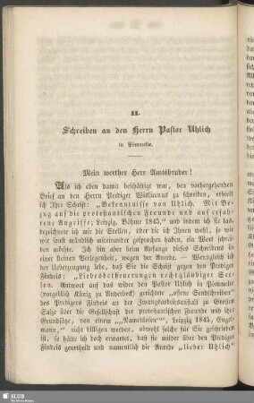 II. Schreiben an den Herrn Pastor Uhlich in Pömmelte