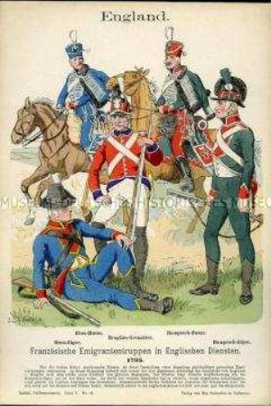 Uniformdarstellung, Jäger, Husaren, und Grenadier der Französischen Emigranten-Truppen, Königreich Großbritannien, 1795.