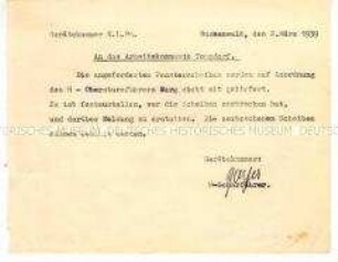 Schreiben an das Arbeitskommando Tonndorf zwecks Lieferung von Fensterscheiben - Sachkonvolut
