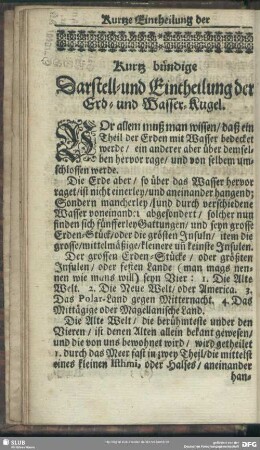 Kurtz bündige Darstell- und Eintheilung der Erd- und Wasser-Kugel