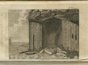 Fingalshöhle, II. Theil, pag. 32. Stich; 110 x 204 mm (Blattgröße). Aus: Faujas de Saint-Fond, Barthélemy: Reise durch England, Schottland und die Hebriden. Band 2. Göttingen: W. Wiedemann, 1799. Dresden: SLUB Hist.Brit.A.284-2