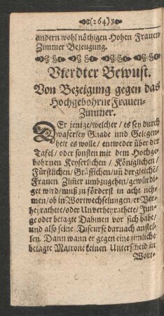 Vterdter Bewust. Von Bezeigung gegen das Hochgebohrne Frauen-Zimmer.
