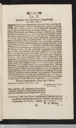 Lit. F : Hochedler und hochgelehrter/hochgeehrtester Herr Hof-Raht rc.