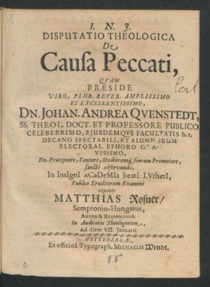 Disputatio Theologica De Causa Peccati