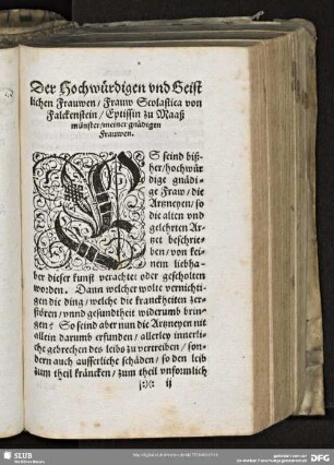 Der Hochwürdigen vnd Geistlichen Frauwen / Frauw Scolastica von Falckenstein / Eptissin zu Maaß münster / meiner gnädigen Frauwen.