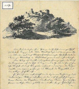 Spendenaufruf des Frauen-Vereins Weinsberg (Lithographie mit Ansicht der Burgruine Weibertreu)